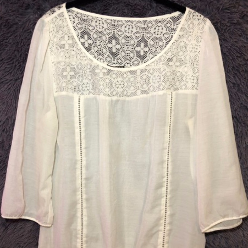 Ivory Linen--Like Blouse w/ Lace Detail